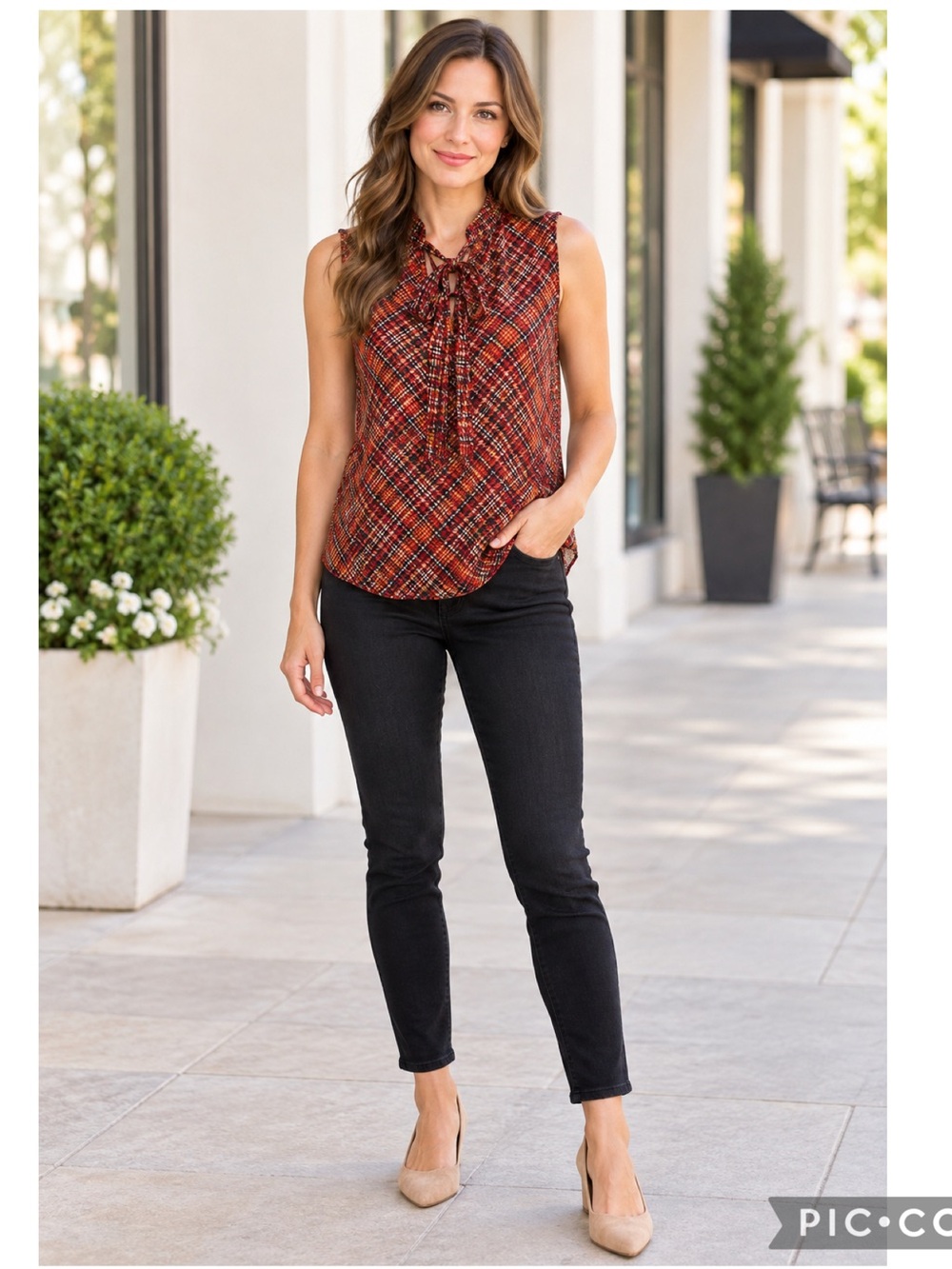 Tommy Hilfiger Plaid Tie Neck Sleeveless Blouse Red Navy Size S NWOT